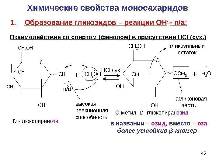 45 высокая реакционная способность D - глюкопиран оза О-метил  D- глюкопиран озидгликозильный 