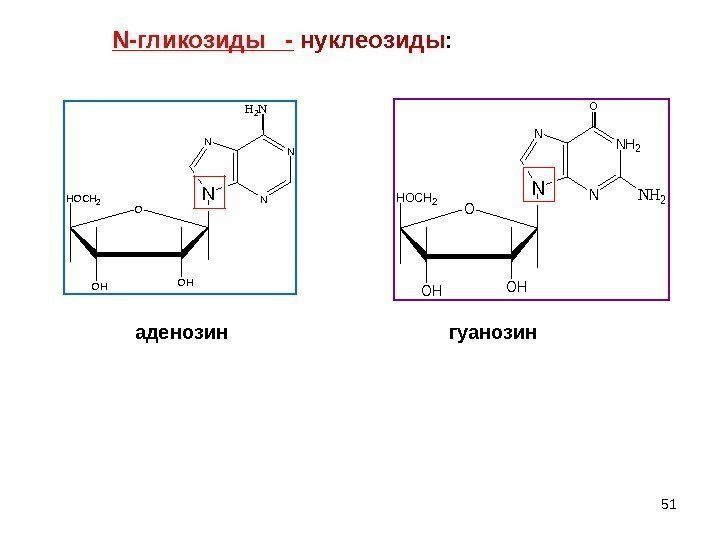 51 нуклеозиды : HOCH 2 OHOH O N N H 2 N аденозин HOCH