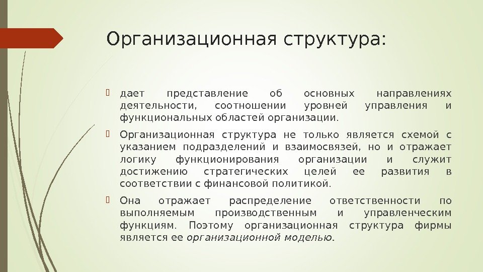 Организационная структура:  дает представление об основных направлениях деятельности,  соотношении уровней управления и