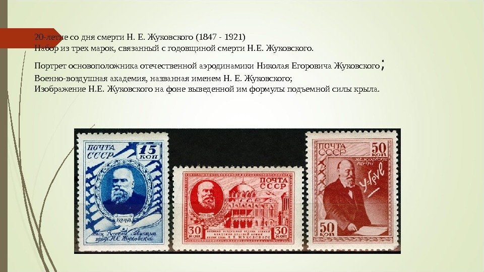 20 -летие со дня смерти Н. Е. Жуковского (1847 - 1921) Набор из трех