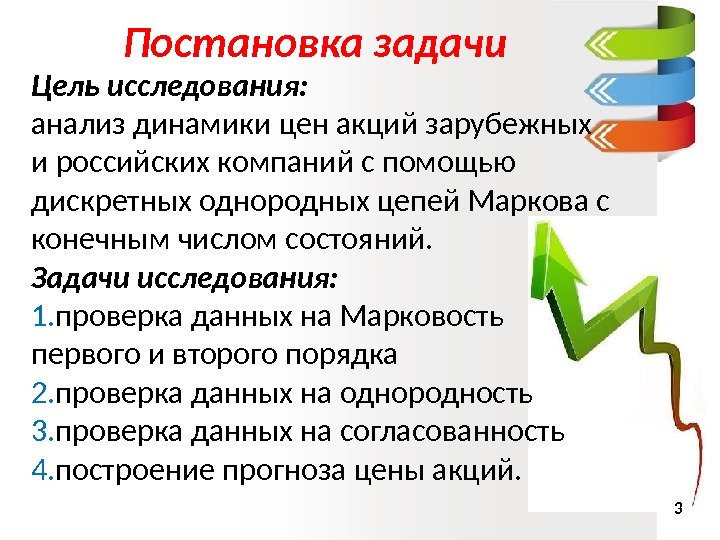Постановка задачи Цель исследования: анализ динамики цен акций зарубежных и российских компаний с помощью