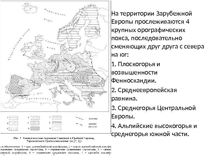  • На территории Зарубежной Европы прослеживаются 4 крупных орографических пояса, последовательно сменяющих друга