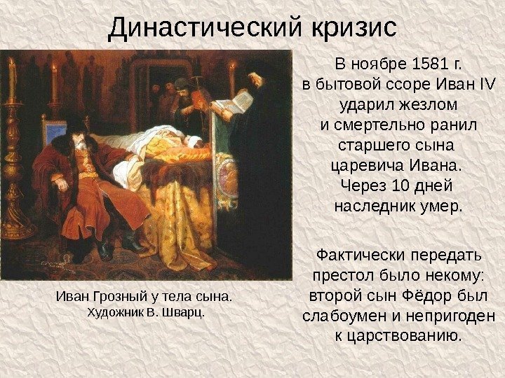 Династический кризис В ноябре 1581  г. в бытовой ссоре Иван IV ударил жезлом