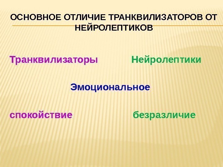 ОСНОВНОЕ ОТЛИЧИЕ ТРАНКВИЛИЗАТОРОВ ОТ НЕЙРОЛЕПТИКОВ Транквилизаторы   Нейролептики    Эмоциональное спокойствие