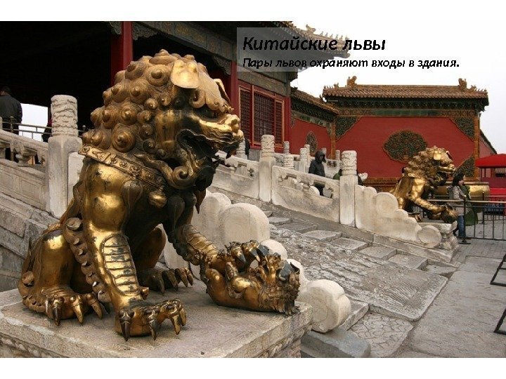 Китайские львы Пары львов охраняют входы в здания.  