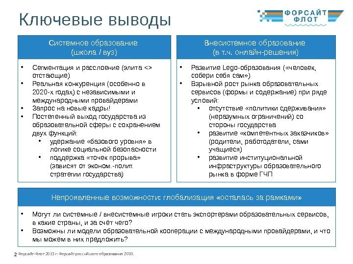 2 Форсайт-Флот 2013 г: Форсайт российского образования 2030. Ключевые выводы Системное образование (школа /