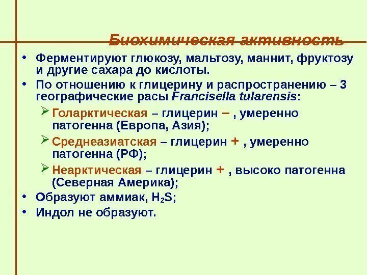   Биохимическая активность • Ферментируют глюкозу, мальтозу, маннит, фруктозу и другие сахара до