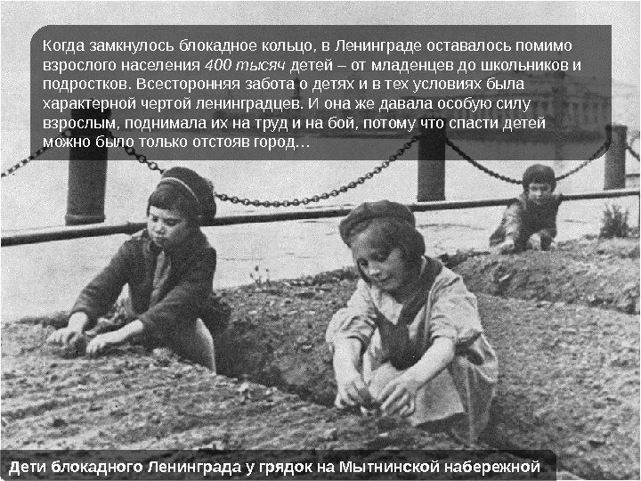 Дети блокадного Ленинграда у грядок на Мытнинской набережной Когда замкнулось блокадное кольцо, в Ленинграде