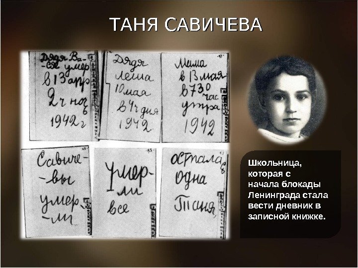 ТАНЯ САВИЧЕВА Школьница,  которая с начала блокады Ленинграда стала вести дневник в записной