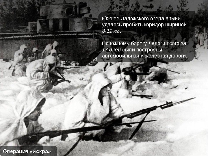 Операция «Искра» Южнее Ладожского озера армии удалось пробить коридор шириной 8 -11 км. 