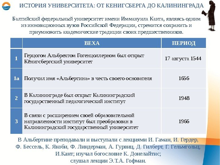 ИСТОРИЯ УНИВЕРСИТЕТА: ОТ КЕНИГСБЕРГА ДО КАЛИНИНГРАДА ВЕХА ПЕРИОД 1 Герцогом Альбрехтом Гогенцоллерном был открыт