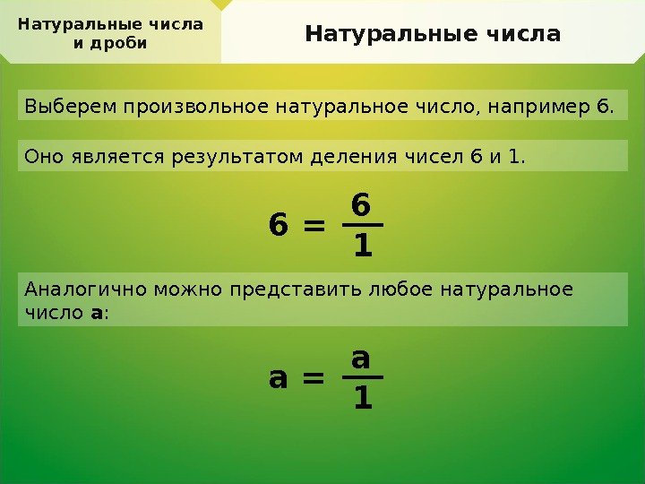 Натуральные числа и дроби Натуральные числа Выберем произвольное натуральное число, например 6. Оно является