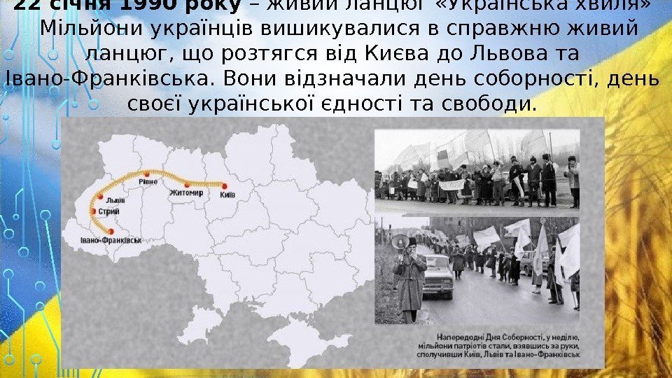 22 січня 1990 року – живий ланцюг «Українська хвиля»  Мільйони українців вишикувалися в