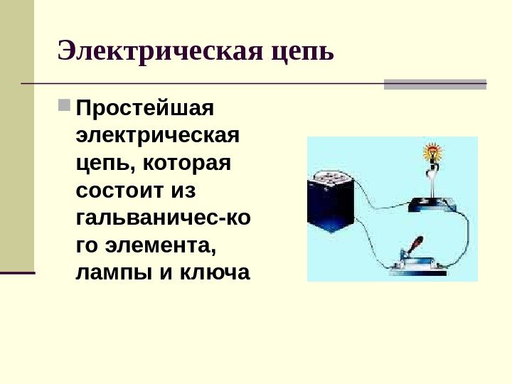 Электрическая цепь Простейшая электрическая цепь, которая состоит из гальваничес-ко го элемента,  лампы и