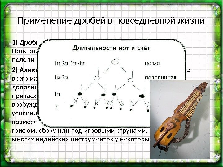 Применение дробей в повседневной жизни. 1) Дроби и музыка. Ноты отличаются по длительности их