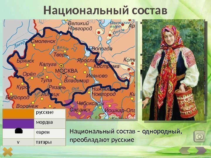 Национальный состав русские мордва евреи v татары Национальный состав – однородный,  преобладают русские