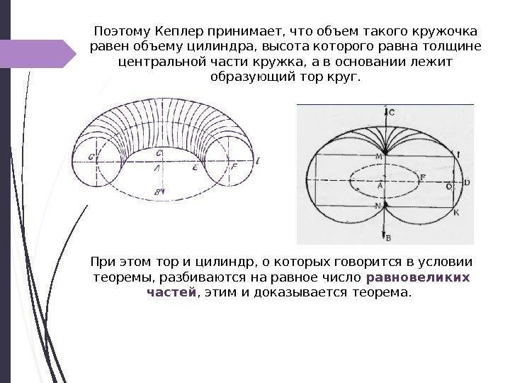 Поэтому Кеплер принимает, что объем такого кружочка равен объему цилиндра, высота которого равна толщине