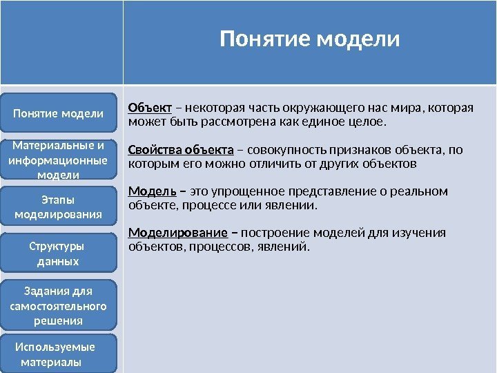 Понятие модели Объект  – некоторая часть окружающего нас мира, которая может быть рассмотрена