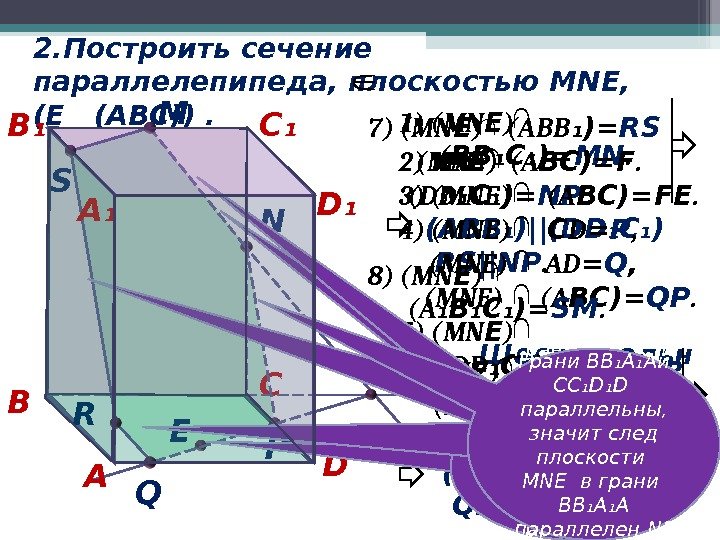 Плоскость М NE пересекает грань АВС D по отрезку QP 7 ) ( MN