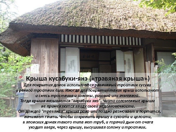 Крыша кусабуки-янэ ( «травяная крыша» ) Для покрытия домов используется равнинный тростник сусуки и