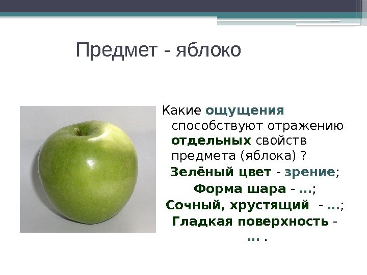 Предмет - яблоко Какие ощущения  способствуют отражению отдельных свойств предмета (яблока) ? Зелёный