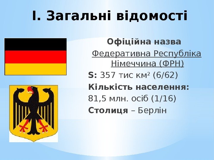 Офіційна назва Федеративна Республіка Німеччина (ФРН) S:  357 тис км 2 (6/62) Кількість
