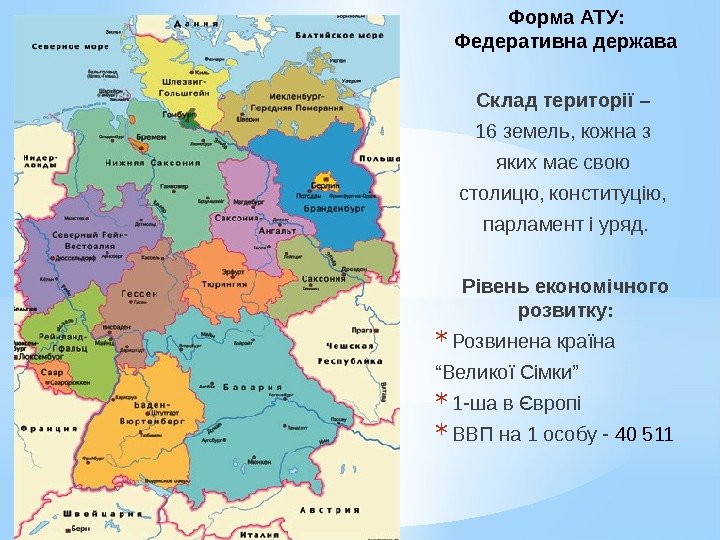 Форма АТУ: Федеративна держава Склад території –  16 земель, кожна з яких має