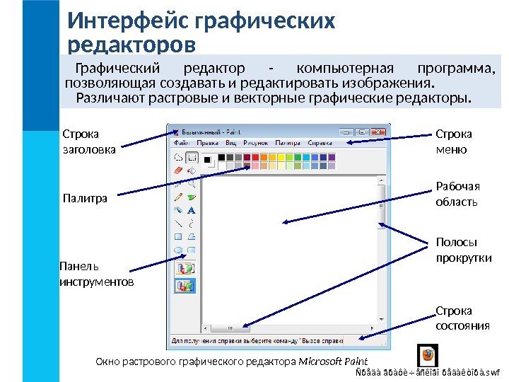 Интерфейс графических редакторов Графический редактор - компьютерная программа,  позволяющая создавать и редактировать изображения.