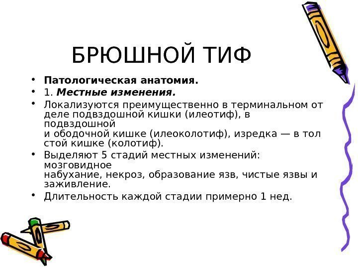 БРЮШНОЙ ТИФ • Патологическая анатомия.  • 1.  Местные изменения.  • Локализуются