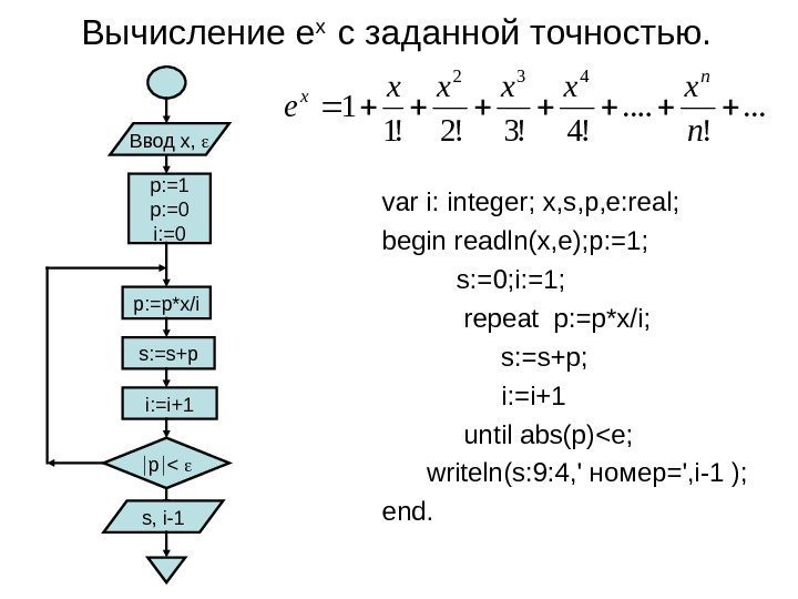 Вычисление е х  с заданной точностью. var i: integer; x, s, p, e: