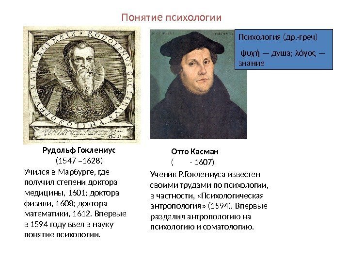 Понятие психологии Рудольф Гоклениус  (1547 – 1628) Отто Касман  (  -