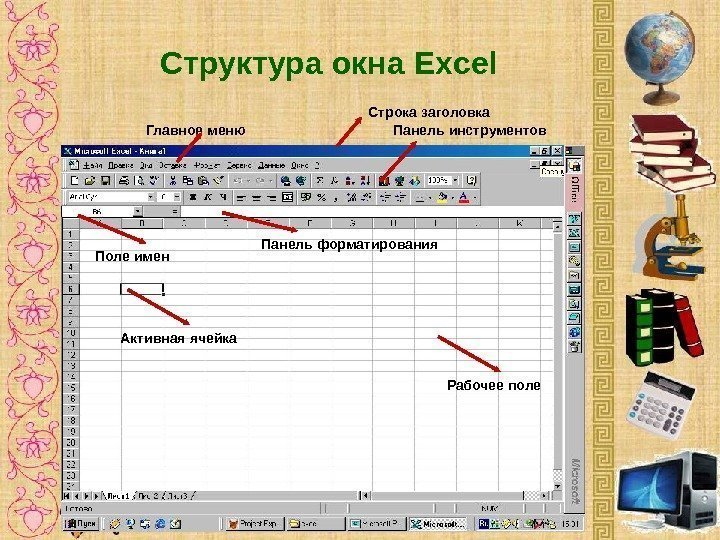 Структура окна Excel      Строка заголовка Панель инструментов. Главное меню
