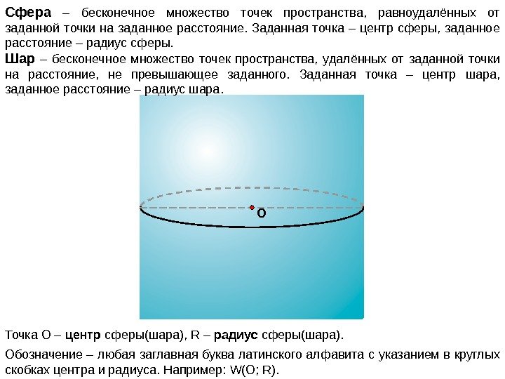   Сфера  – бесконечное множество точек пространства,  равноудалённых от заданной точки
