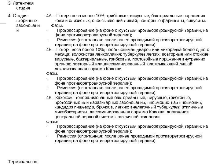 Таблица 21. Российская классификация ВИЧ-инфекции  (Покровский В. И. , 2001) Стадии Характеристика 1.