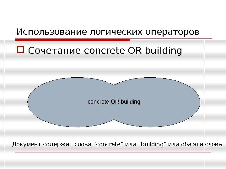 Использование логических операторов Сочетание concrete OR building Документ содержит слова “concrete” или “building” или