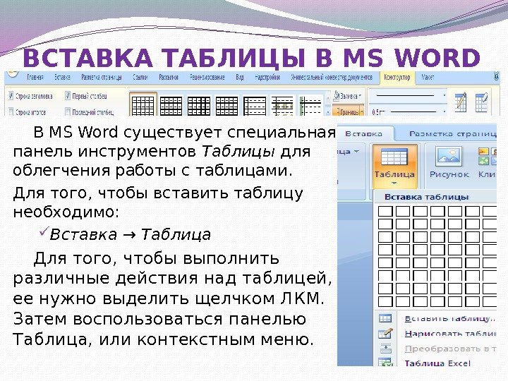ВСТАВКА ТАБЛИЦЫ В MS WORD В MS Word существует специальная панель инструментов Таблицы для