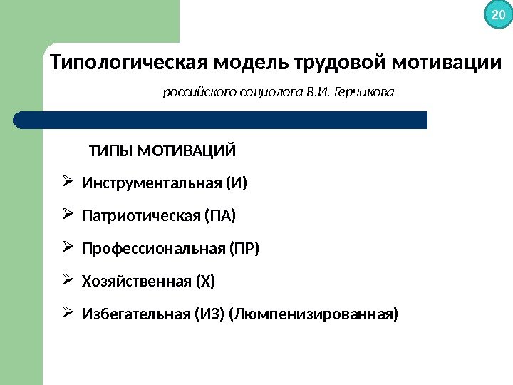 Типологическая модель трудовой мотивации  российского социолога В. И. Герчикова Инструментальная (И) Патриотическая (ПА)