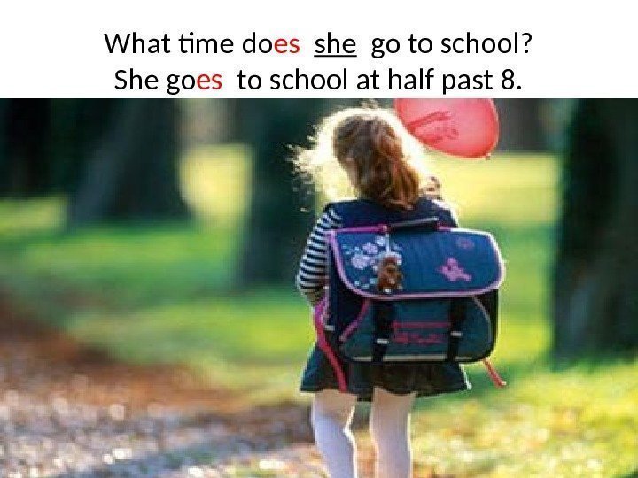 What time do es  she  go to school? She go es 