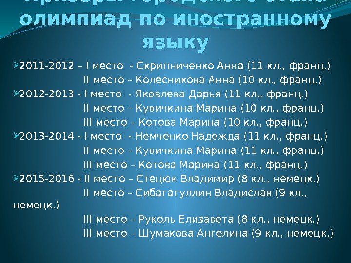 Призеры городского этапа олимпиад по иностранному языку 2011 -2012 – I место - Скрипниченко