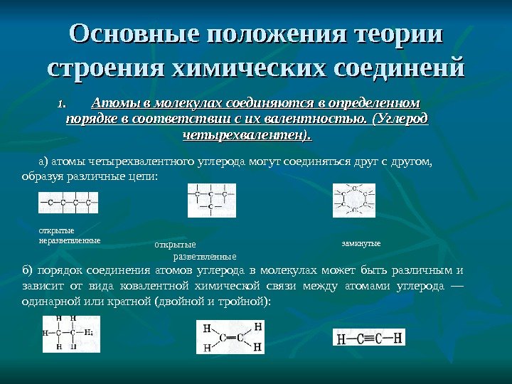 Основные положения теории строения химических соединенй 1.  Атомы в молекулах соединяются в определенном