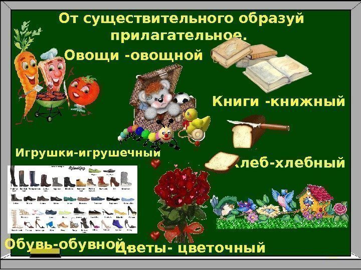 От существительного образуй прилагательное.  Игрушки-игрушечный Овощи -овощной Книги -книжный Цветы- цветочный Хлеб-хлебный Обувь-обувной.