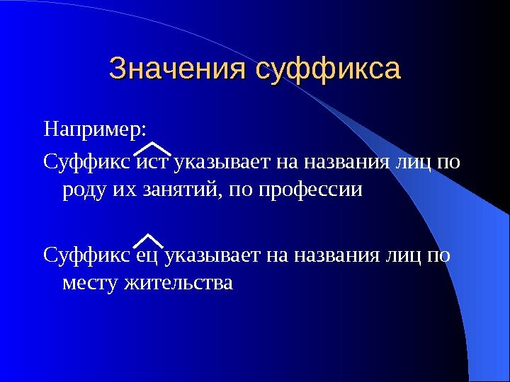 Значения суффикса Например: Суффикс ист указывает на названия лиц по роду их занятий, по