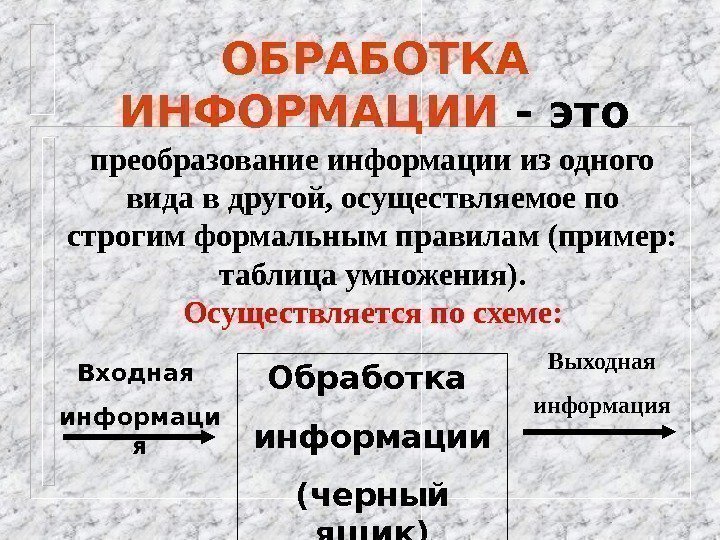 Обработка информации (черный ящик )Входная информаци я Выходная информация. ОБРАБОТКА  ИНФОРМАЦИИ  -