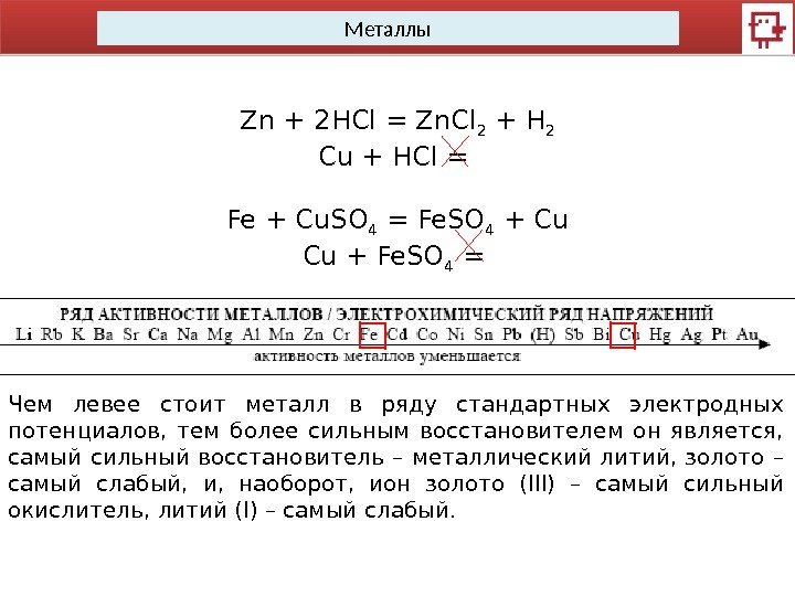 Металлы Zn + 2 HCl = Zn. Cl 2 + H 2 Cu +
