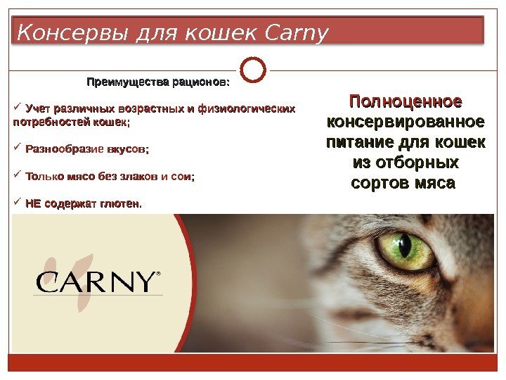 Полноценное  консервированное питание для кошек из отборных сортов мяса Преимущества рационов: Учет различных
