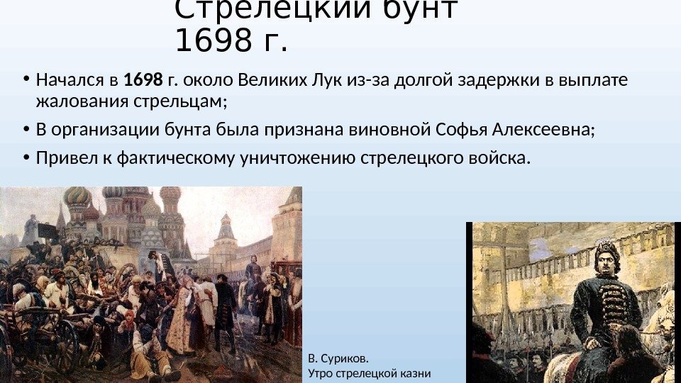 Стрелецкий бунт 1698 г.  • Начался в 1698 г. около Великих Лук из-за
