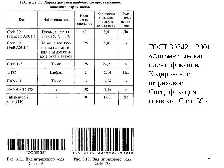 3 ГОСТ 30742— 2001  «Автоматическая идентификация.  Кодирование штриховое.  Спецификация символа Code