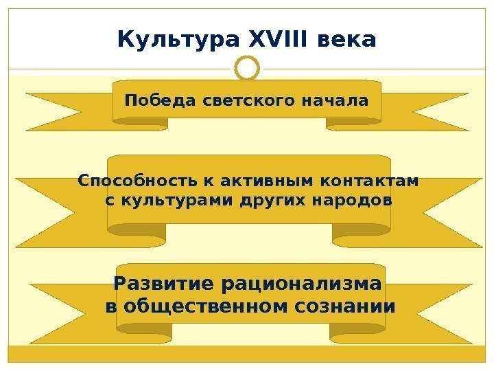 Культура XVIII века Победа светского начала Способность к активным контактам с культурами других народов