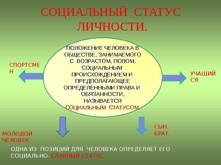 СОЦИАЛЬНЫЙ СТАТУС  ЛИЧНОСТИ. ПОЛОЖЕНИЕ ЧЕЛОВЕКА В ОБЩЕСТВЕ, ЗАНИМАЕМОГО С ВОЗРАСТОМ, ПОЛОМ,  СОЦИАЛЬНЫМ