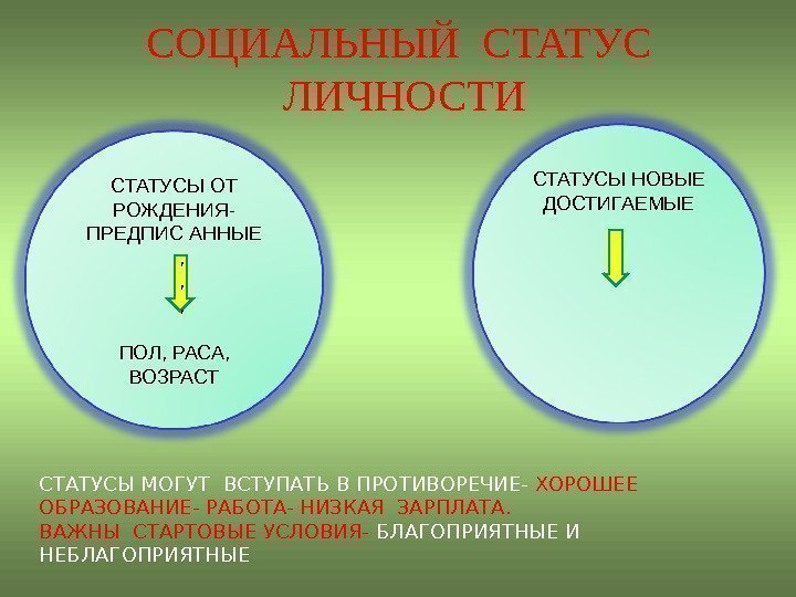 СОЦИАЛЬНЫЙ СТАТУС  ЛИЧНОСТИ СТАТУСЫ ОТ РОЖДЕНИЯ- ПРЕДПИС АННЫЕ ПОЛ, РАСА,  ВОЗРАСТ СТАТУСЫ